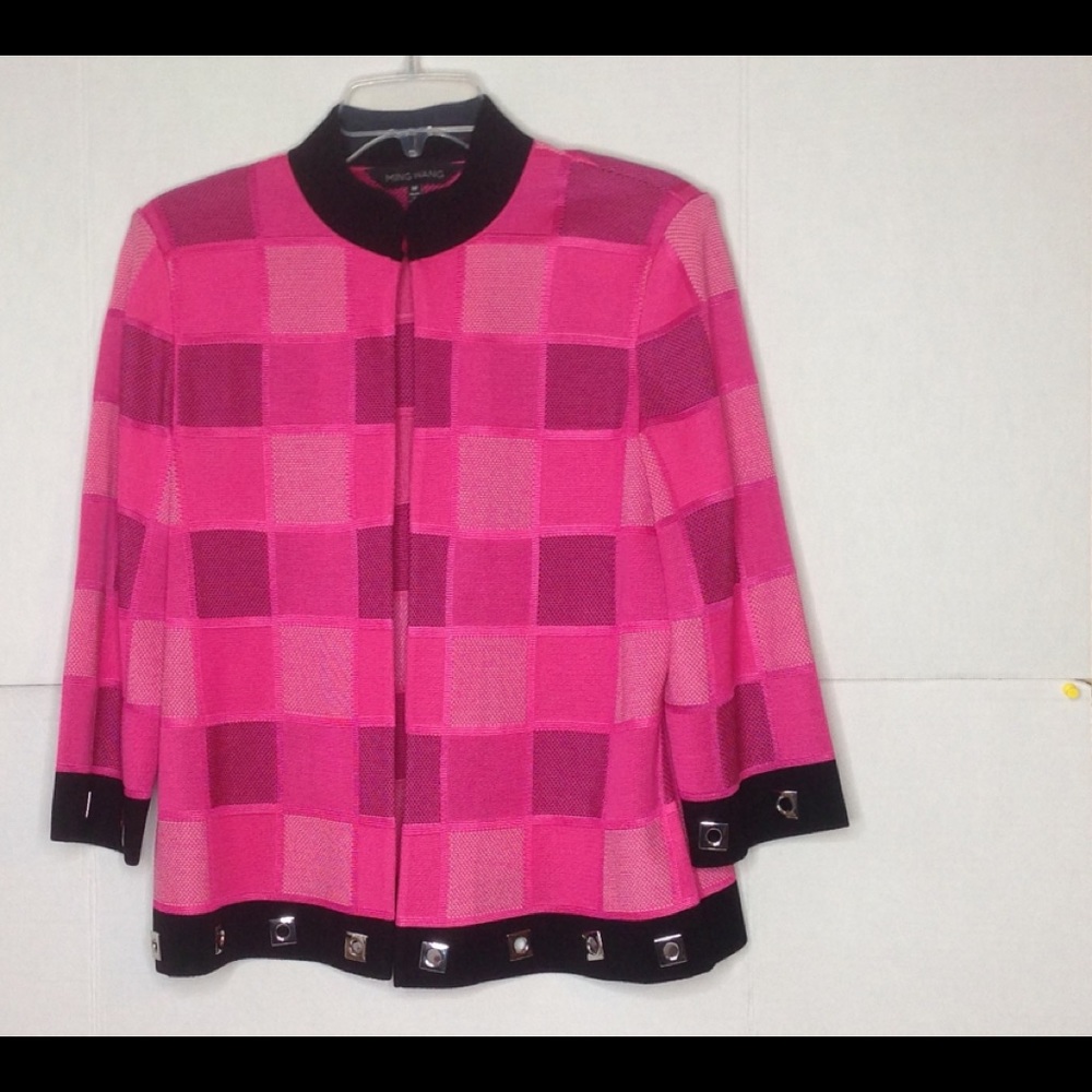 Ming Wang Pink Knit Cardigan Black Mandarin